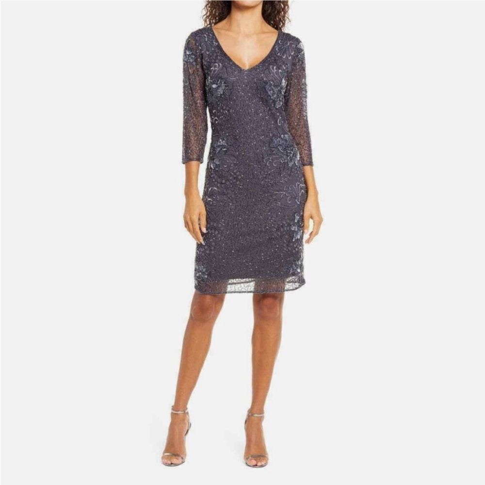 Pisarro Nights Slate Beaded V Neck Cocktail Dress